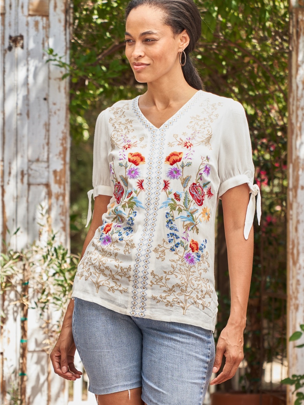 Cream Embroidered V-Neck Tie-Sleeve Blouse
